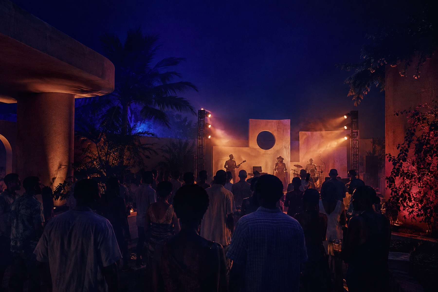 An intimate outdoor concert glowing under amber stage lights